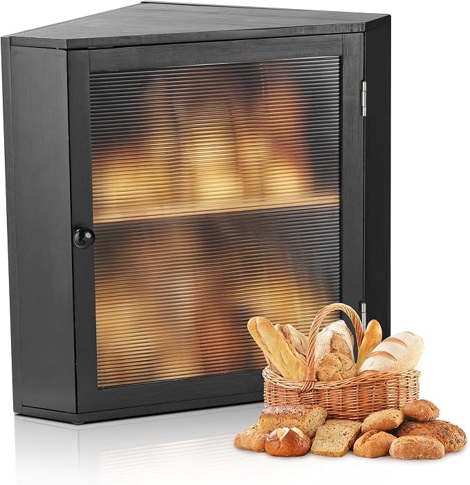 VEVOR Corner Bread Box for Kitchen Counter, Double Layer Large Capacity Bamboo Bread Storage Container, Farmhouse Wooden Breadbox for Homemade Bread, Storage Holder Bin with Acrylic Wavy Door, Black