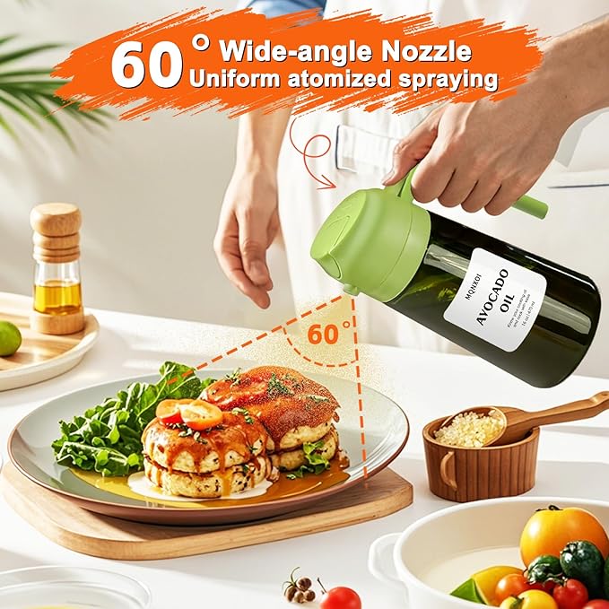 Olive Oil Sprayer for Cooking, 16oz Glass 2 in 1 Oil Dispenser Bottle | Light Blocking, BPA-Free Food Grade, Fine Mist Precise Control, Air Fryer BBQ Salad, Leakproof Anti-Clog, Pre-Printed Labels