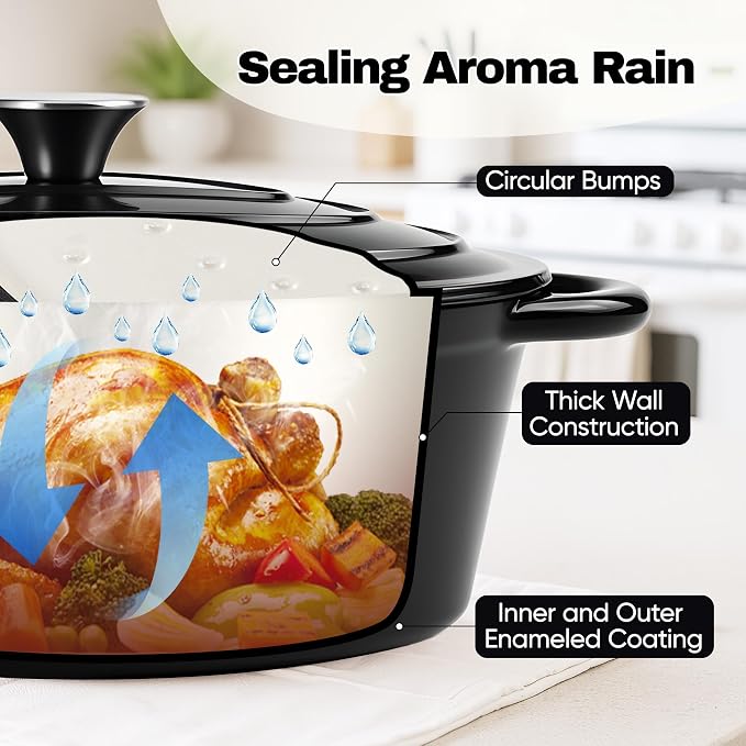 Oval Dutch Oven for Bread Baking, 4.5 Quart Non Stick Enameled Cast Iron Dutch Oven Pot with Lid, Oven Safe Oval Casserole with Lid up to 500°F for Baking, Braising, Stews, Roasting (Black)