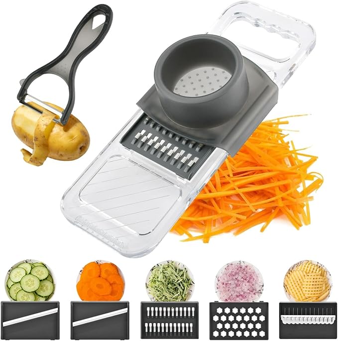 Transparent Multifunctional Slicer - 6 Blades Interchangeable, Handheld Vegetable Cutter with Hand Guard for Kitchen, Onion, Garlic, Cucumber, potato, Safe Food Slicer