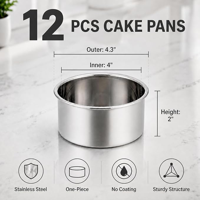 TeamFar 4 Inch Cake Pan, 12 Pcs Stainless Steel Round Baking Cake Pans Set | Layer Cake Baking Pans Set for Baking Steaming Serving, Healthy & Sturdy, Mirror Finish & Dishwasher Safe
