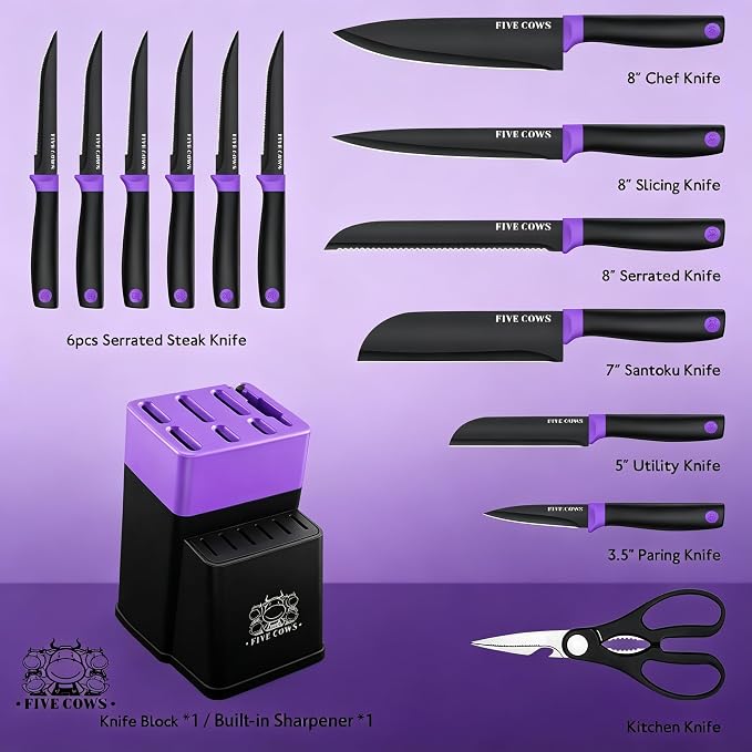 14 Pcs Kitchen Knife Block Set with Sharpener German High Carbon Stainless Steel Chef Knives, Razor-Sharp & Durable, Lightweight Anti-Slip Handle, Professional Set for Home & Kitchen (Purple)