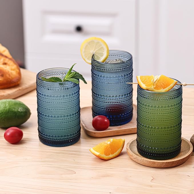 Moretoes 15oz Blue Vintage Hobnail Drinking Glasses Set of 6 | Highball Glass Cups, Kitchen Drinkware Glassware for Beer,Cocktail,Whiskey,Juice and Various Mixed Drinks