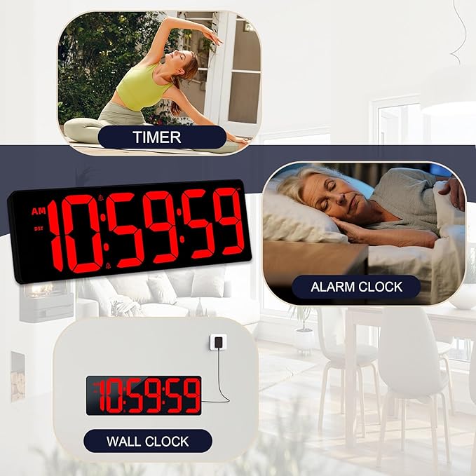 17.2" Bluetooth Digital Wall Clock with Seconds, Large Countdown Timer for Classroom Home Gym Kitchen Office, Alarm Clock with Remote Control, 4 Dimmable Brightness, Auto DST (Red)
