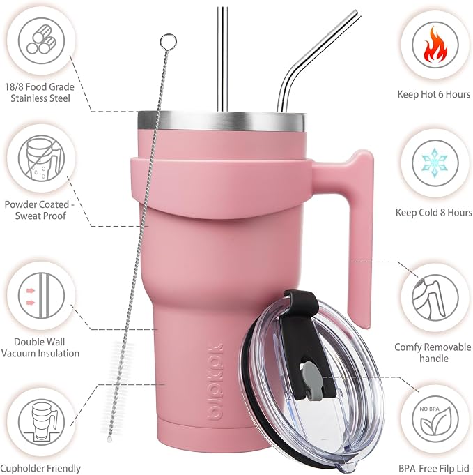 BJPKPK 30 oz Tumbler with Handle & Straw, Insulated Stainless Steel Mug | Double Wall Vacuum, Keeps Hot/Cold, Thermal Cup, BPA Free, Dishwasher Safe, Cupholder Fit, Coffee & Travel, Light Pink