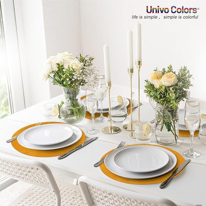 UnivoColors Placemats Round Faux Leather Placemats Set of 8-Waterproof-Wipe Clean-Heat Resistant-Anti Slip Dining Table Place Mats,Suitable for Indoor & Outdoor Use,15".Retro Yellow