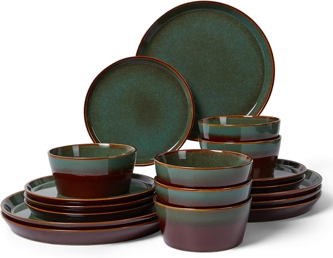 Plates and Bowls Sets for 6, Ceramic Dinnerware Sets, Kitchen Dish Set, Microwave & Dishwasher Safe Dishware, Highly Durable Reactive Glazed Dinner Set, Brown Green