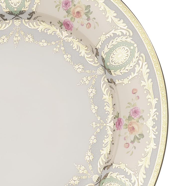 Dinnerware Set, 12 Piece Bone China Dinnerware Sets Service for 4, Plates and Bowls Set, Gold with Floral Trim