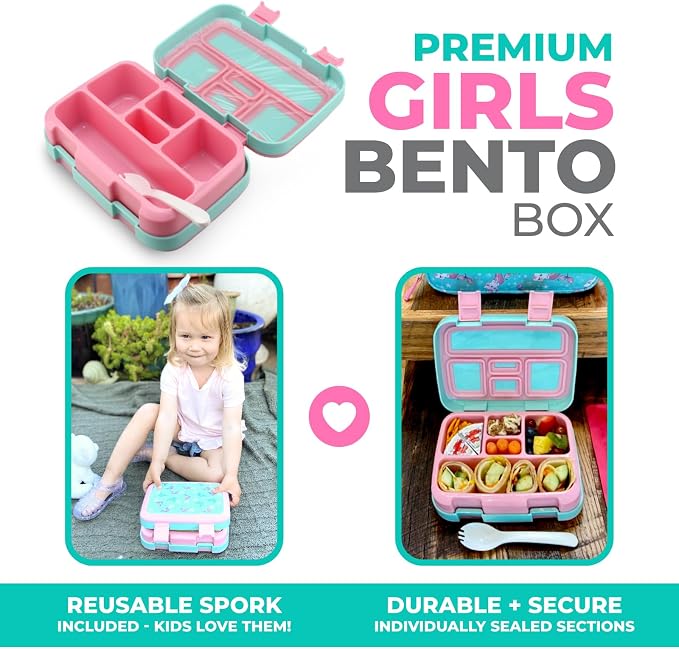 kinsho Bento Lunch Box Container for Small Kids, Boys, (Aqua Cat Mermaid) | 5 Portion Sections, BPA-Free Spill-Proof Leakproof Removable Plastic Tray, Snacks and Lunches for Toddlers Pre-School Daycare