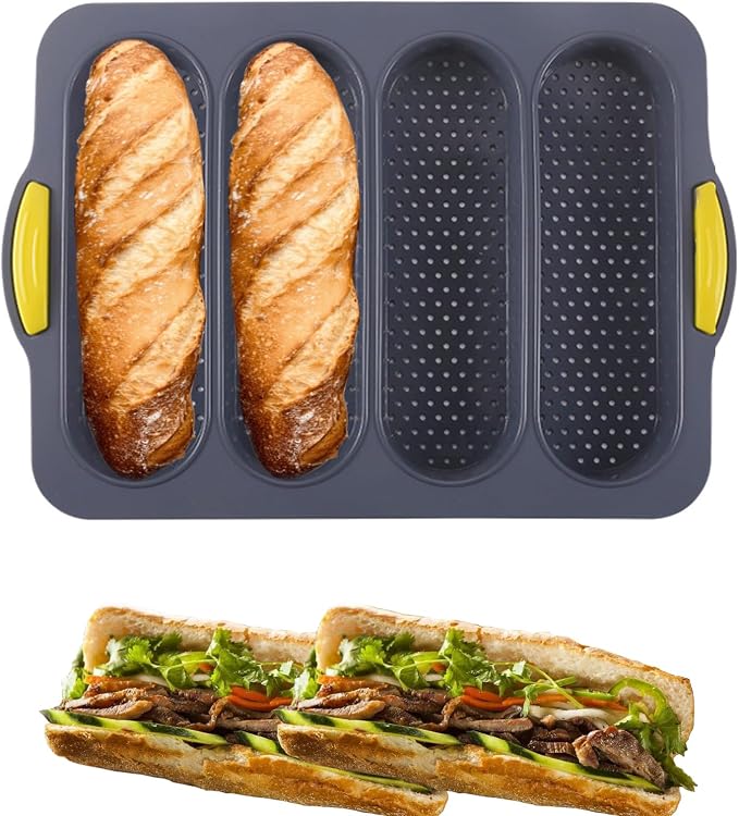 Silicone Bread Loaf Pan, Nonstick Baguette Bread Pan, 4-cavity | Food Grade Silicone Molds for Baking Hot Dog Buns Hoagie Rolls Sandwich, Sourdough Loaf Pan, Bread Pans for Homemade Bread