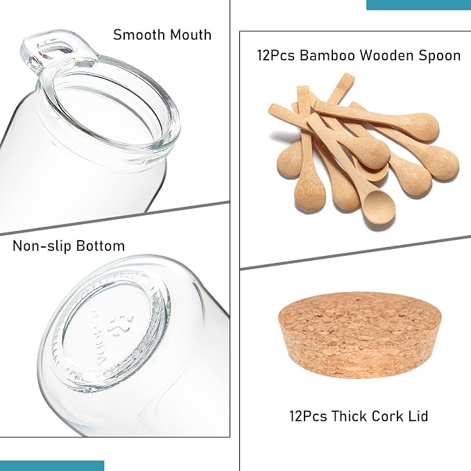YEBODA 10 oz Small Glass Storage Jars with Cork Lids and Spoons, 12 Pack | Clear jars for spices, bath salts, sugar scrubs, yogurt and DIY gifts; includes labels, marker and funnel.