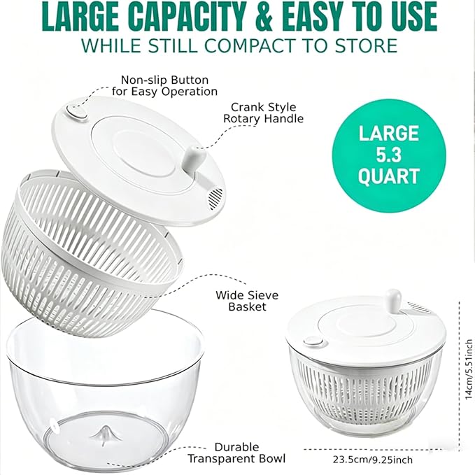 Ceruaxb Salad Spinner Chopper, 5.3 Qt Lettuce Dryer with 5 Blades, White | Vegetable and Fruit Wash Bowl, Kitchen Colander, Egg Yolk Strainer, Slicing and Shredding, Rinsing, Draining and Food Prep
