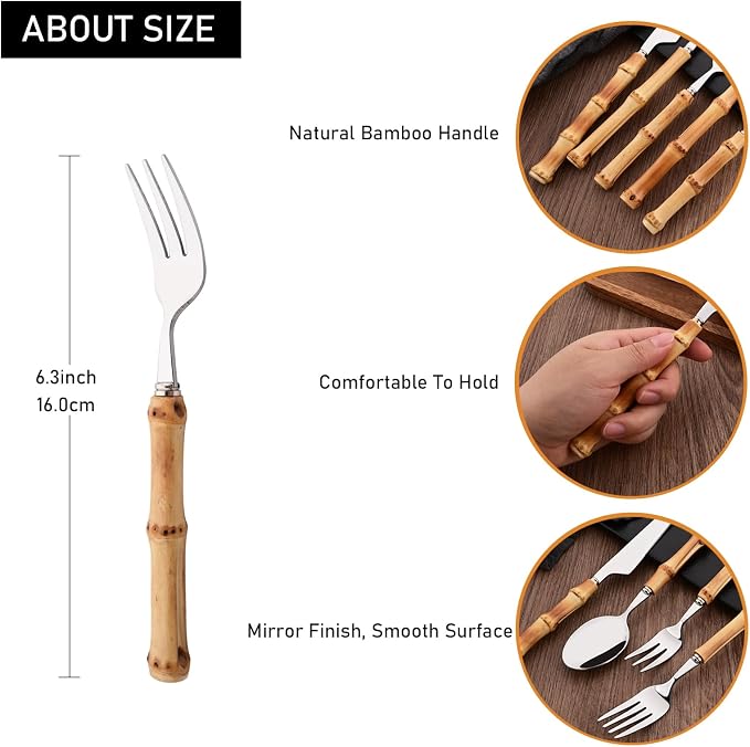 8 PCS Small Fork, 6.3 Inches Stainless Steel Dessert Forks with Bamboo Handle, Kitchen Flatware Cutlery Set, Use for Tasting Cakes Fruits and Appetizer, Mirror Polished