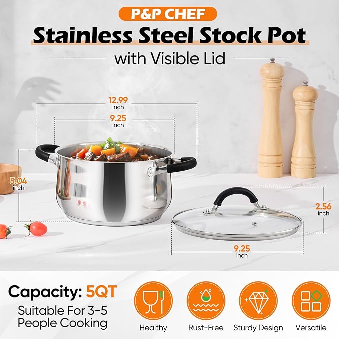 P&P CHEF 5 Quart Stainless Steel Stock Pot, Cooking Pot with Visible Lid | For Soup Pasta, Tri-Ply Bottom & Dual Heatproof Handles, For Induction Gas All Stoves, Non-Toxic & Dishwasher Safe
