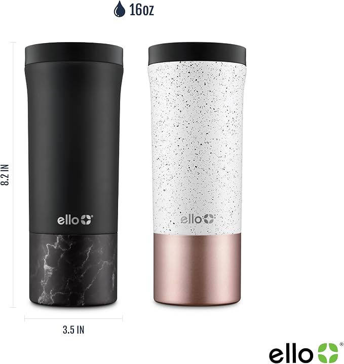 Ello Miri 16oz Insulated Stainless Steel Travel Mug with Slider Lid, Black Marble