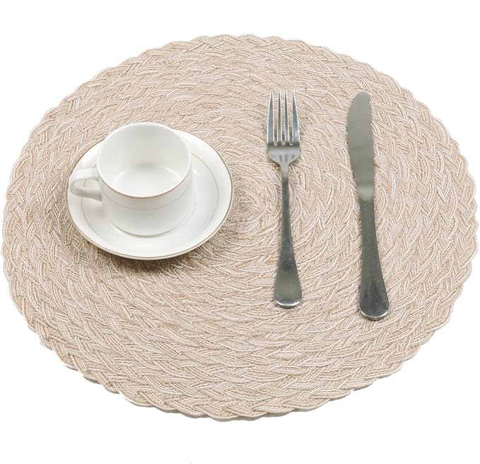 SHACOS Round Braided Placemats 15 inch Set of 6 Thick Boho Kitchen Table Placemats for Home Wedding Party (T-Beige, 6)