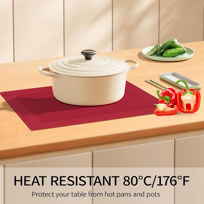 Red Placemats Set of 8, 12x18 Inch Faux Linen Table Mats | Heat Resistant and Washable Design, Easy to Clean Surface for Dining Rooms, Kitchens, Outdoor Parties and Everyday Home Decor
