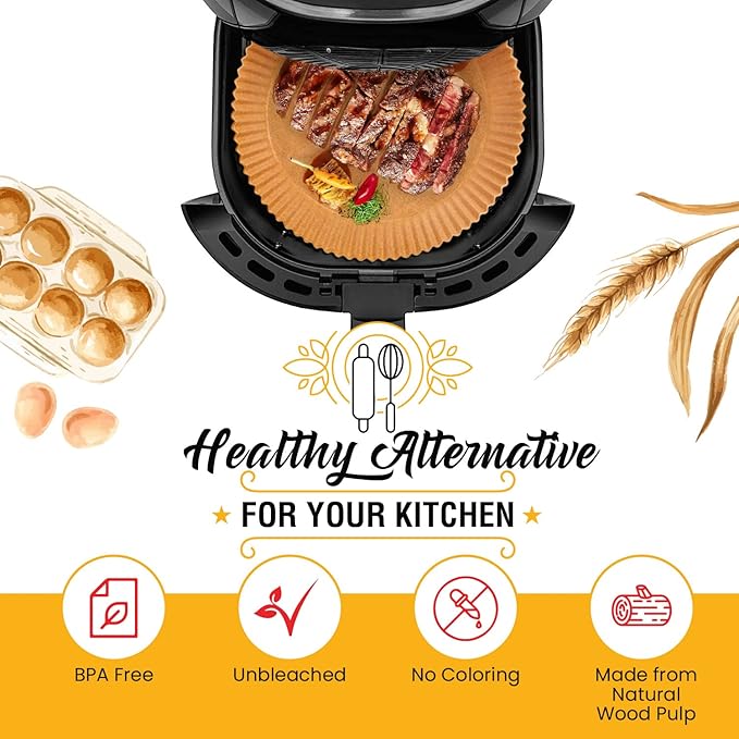 Small Round Air Fryer Liners 6.3", 125 Pcs Disposable for 2-4 qt Basket | Non-stick & oil-proof parchment for easy cleanup; unbleached natural wood pulp fits compact 2-4 quart models
