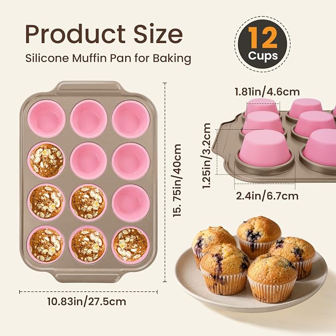 Silicone Muffin Pans for Baking with Metal Frame, 12-Cup Silicone Cupcake Pan, Egg Bite Silicone Mold, Nonstick, BPA Free, Oven & Dishwasher Safe