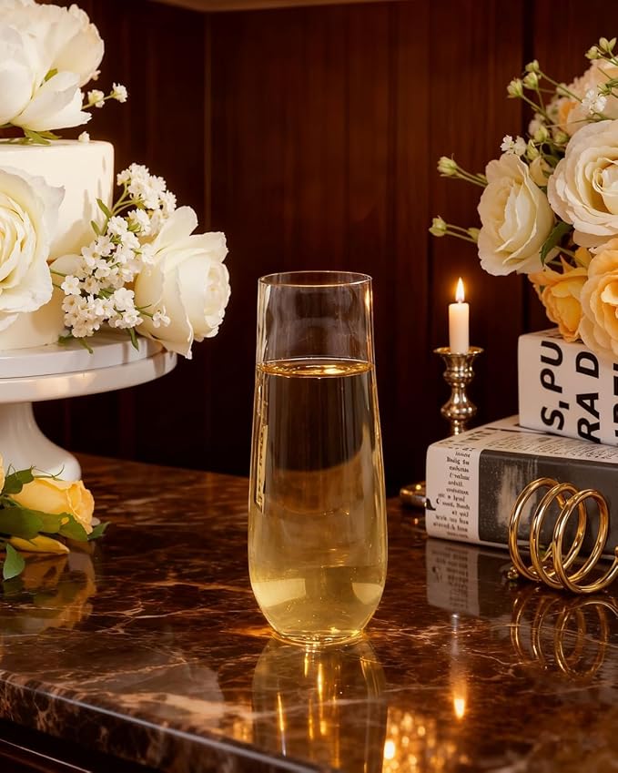 Ciaell 24 Pack Plastic Champagne Flutes for Weddings Birthdays | 9 oz Stemless Mimosa Glasses, Heavy Duty Plastic, Champagne Mimosas Wine for Parties Bars Anniversaries
