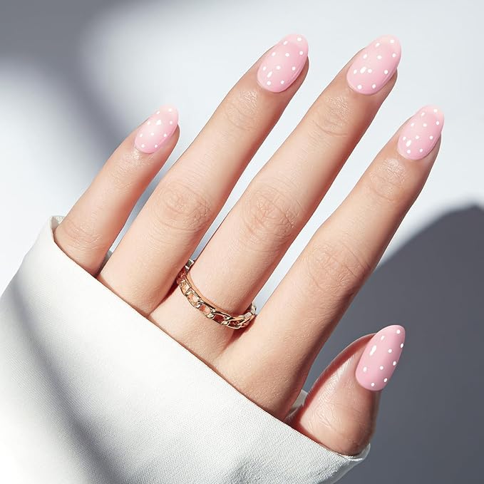 modelones Pink Short Polka Dot Press on Nails, Oval Fake Nails Kit | Semi-Transparent Press Ons with Nail Glue, Adhesive Tabs, Nail File, Prep Pad, Manicure Stick, 32Pcs 16 Sizes, Women Gift