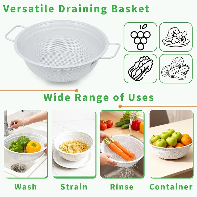 White Stainless Steel Colander Set of 3, Micro-Perforated Metal Kitchen Strainer Set with Handles & Feet for Draining Pasta, Rice, Vegetables - Heavy Duty Decorative Colanders (2, 3, 5 Quart)