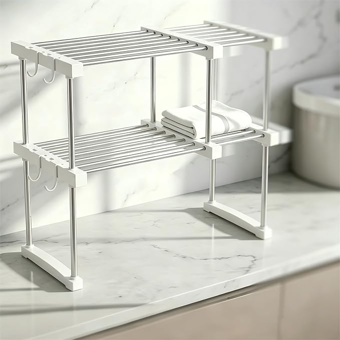 BLULEE Expandable Under Sink Organizer, No-Drill Adjustable Shelf | Custom fit around pipes cabinet rack for bathroom vanity and kitchen pantry, supporting heavy laundry supplies.