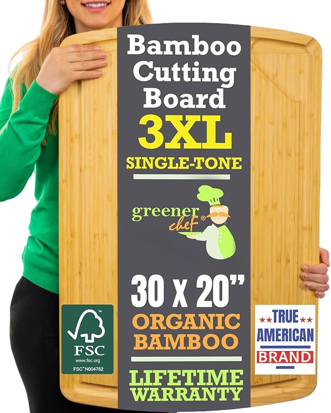 GREENER CHEF 30 Inch 3XL Extra Large Cutting Board with Lifetime Replacements - Oversized Bamboo Stove Top Cover Noodle Board - Wooden Meat Cutting Board - Turkey Carving Board - Charcuterie Board