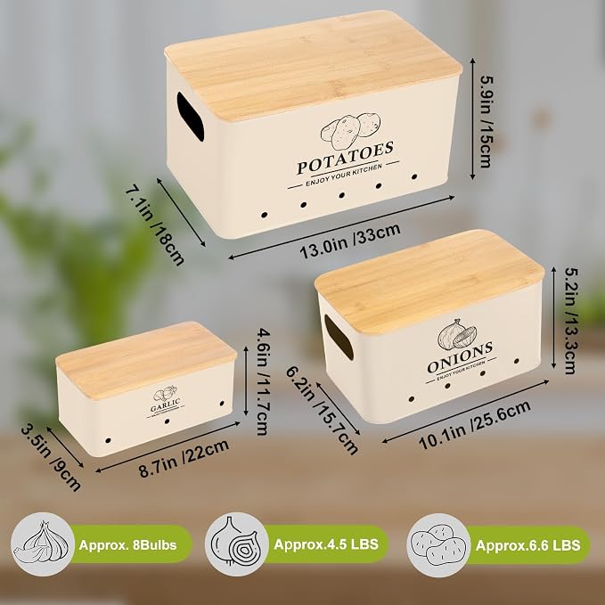 Kitchen Vegetable Storage Set of 3, Metal Onion Garlic Potato Storage Set, Kitchen Canisters Vegetable Keeper Containers with Aerating Holes and Bamboo Lid，Beige