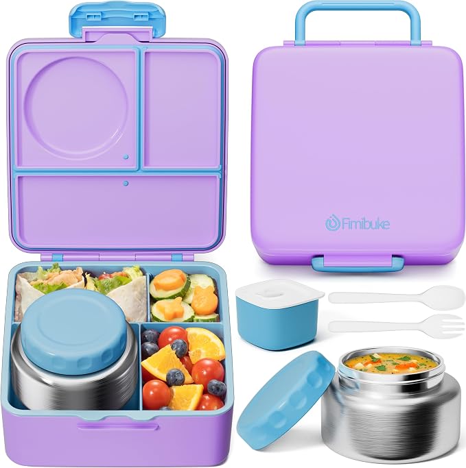 Fimibuke Bento Box for Kids Adults, BPA Free Toddler Lunch Box with Thermo | w/ 8.5oz Insulated Food Jar Utensils & Sauce Jar, Leakproof Dishwasher Safe 3 or 4 Compartment Container for School Girl Boys