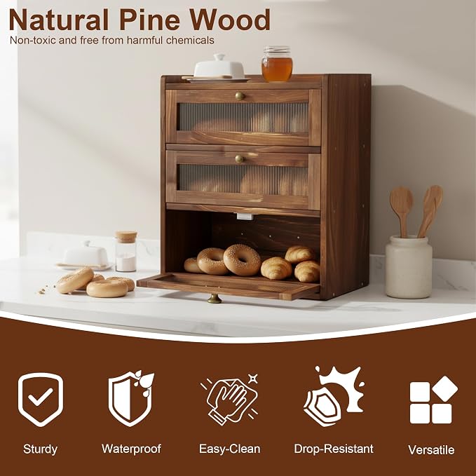 3 Layer Wooden Bread Box with Acrylic Window, Large Capacity | Vintage Kitchen Countertop Food Organizer; Pantry Shelf with Magnetic Door and Rear Ventilation; Housewarming Gift