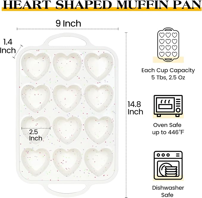 Heart Shaped Muffin Pan, 12 Cup, 2.5 Inch, Cream | Metal Reinforced Frame, Nonstick Silicone, Heart Cake Mold for Baking, Cupcake Tray