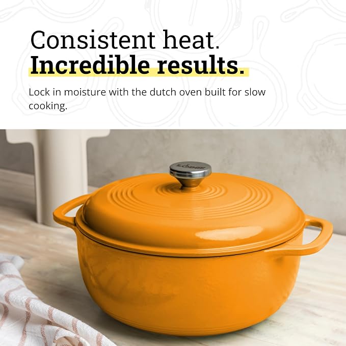 Lodge Essential Enamel Cast Iron Dutch Oven with Lid 7.5 Quart - Oven-Safe Enamel Cookware up to 500° F - Heat-Retaining Braising & Roasting Pot - Non-Toxic Cookware - Apricot