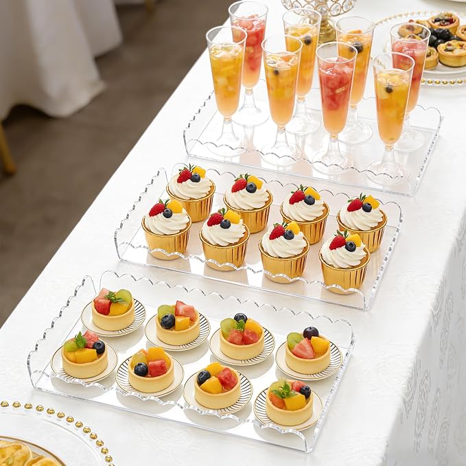 3 Pack Acrylic Serving Trays for Party, 12.9 x 7.1 Inch Scalloped Clear Serving Platter for Food Coffee Tea Snack, Catering Dessert Tray for Cupcake Fruit Party Table Decor (Tray-Clear)