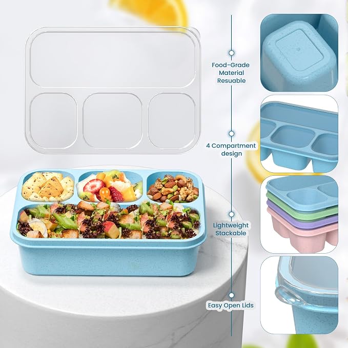 KHOXU Snackle Box Container, 4-Compartment Bento Lunch Box for Kids Women Men Adults, 44Oz/1300ML Meal Prep Boxes Reusable with 2 Sauce Containers & Utensils, 4 Pack (Wheat)