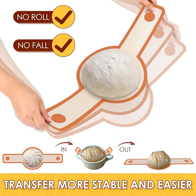 HOTEC 2 Pcs Silicone Bread Sling for Dutch Oven, 0.7MM Thickened Heat Resistant to 500°F Non-Stick Baking Mat with Long Handle Easy to Transfer Sourdough Bread, Dutch Oven Liners Baking Supplies