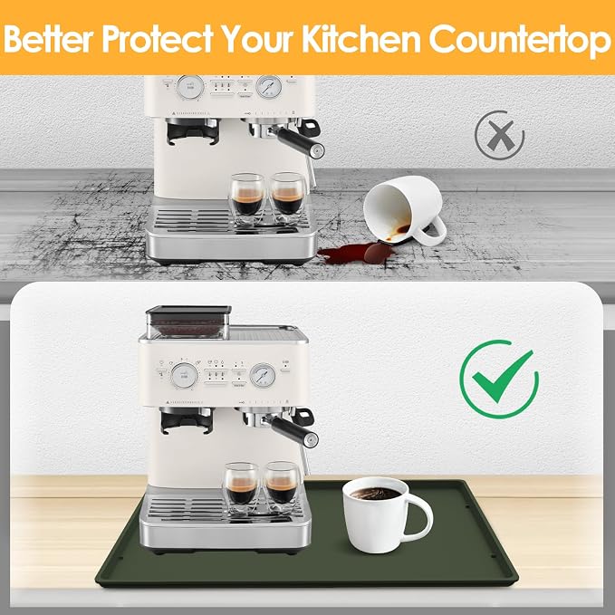 Silicone Coffee Maker Mat with Lip for Countertops, 19.7''x15'' Dark Green | Multi leak-proof coffee tray for countertop, non-slip silicone tray for under coffee machine espresso accessory, wipe-clean