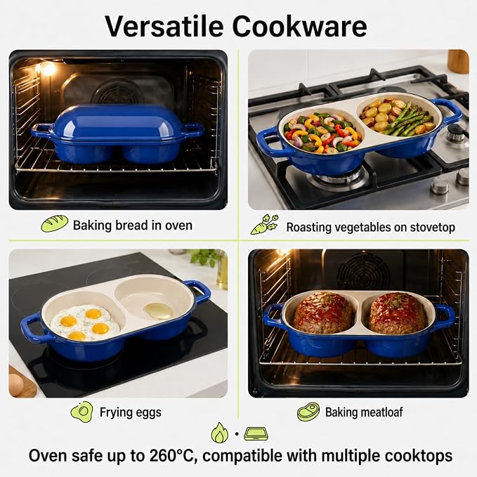 Mini Enameled Cast Iron Bread Loaf Pot with Lid, 6-Inch Double Dutch Oven | For Sourdough Baking, Dual Round Loaf Cavities for Homemade Bread, Cake or Meatloaf, Non Stick, 500°F Oven Safe Blue