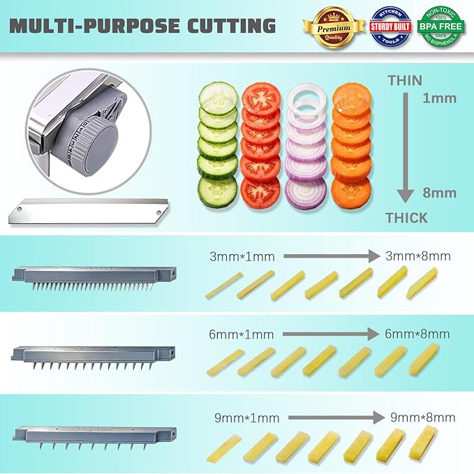 Goldtree Mandoline Slicer Adjustable Vegetable Onion Potato Food Cutter | Stainless steel structure, Precisely adjustable slice thickness, 3 strip-cutting blades, Latest safety hand guard