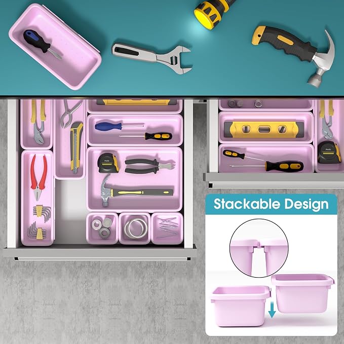 25 PCS Drawer Organizer Set, 4 Size Makeup Drawer Divider Organizer With Non-Slip Pads, Interlocking Plastic Storage Bins for Office,Jewelry Vanity,Gadgets, Bathroom,Kitchen, Purple