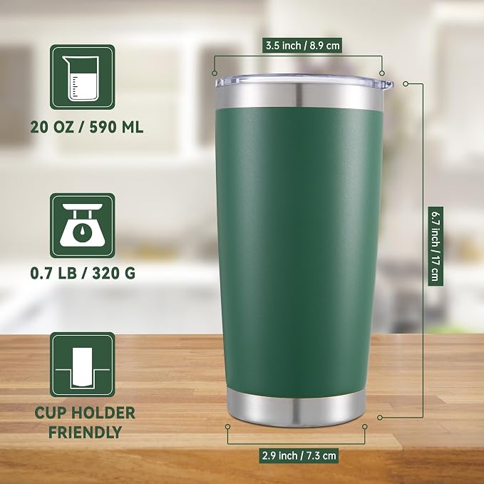20 oz Tumblers Bulk Stainless Steel Tumbler with Lid, 6 Pack | Deep Green, 20oz Insulated Coffee Mug, Double Wall Vacuum, Powder Coated Cup, for Hot and Cold Drinks