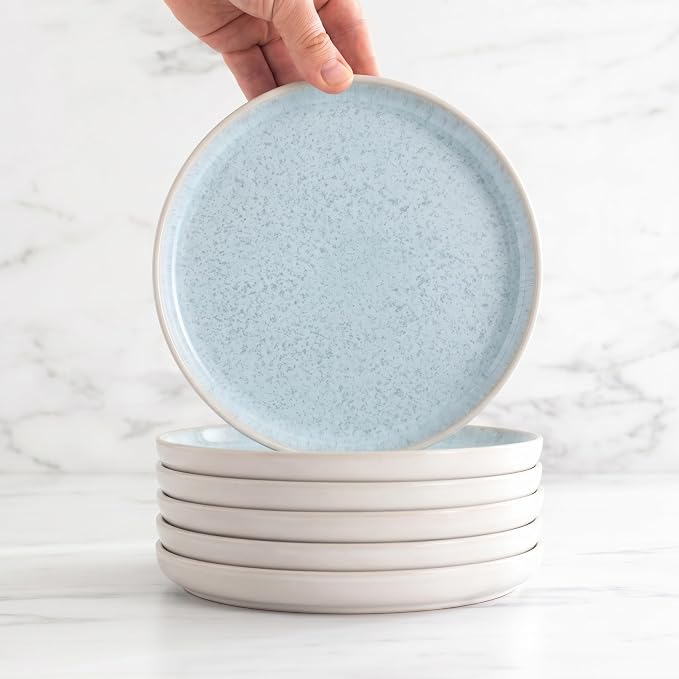 12 Piece Stoneware Dinnerware Set for 4 - Handmade Reactive Glaze Plates and Bowls Set - Chip & Scratch Resistant Dish Set - Dishwasher Microwave Safe - Light Beige & Blue | Reactive Glaze Coating, Dishwasher & Microwave Safe Dish Set, Chip & Scratch R...