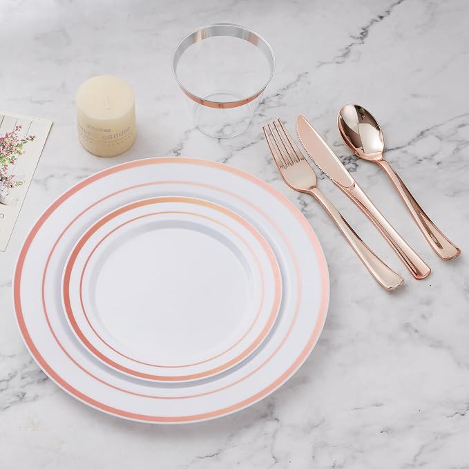 BESTVIP 600PCS Rose Gold Dinnerware Set for 100 Guests, Plastic Plates | for Party, 100 Rose Gold Disposable Plates, 100 Dessert Plates, 100 Cups, 100 Spoons, 100 Forks and 100 Knives