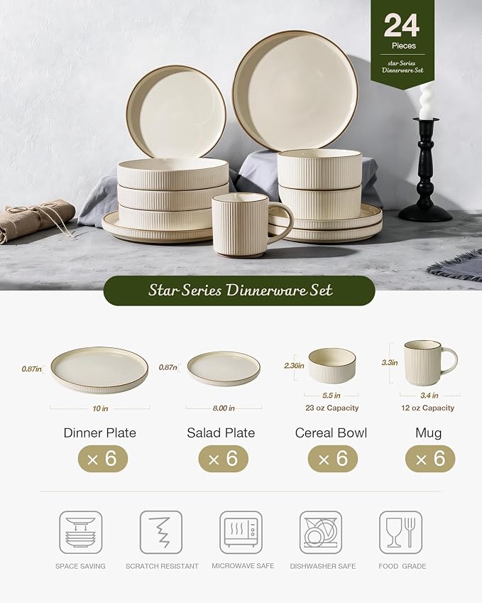 Famiware Dinnerware Set with Mugs, Creamic Plates and Bowls, Dishes for 6 | 24-Piece Stoneware Dinner Set, Chip & Scratch Resistant, Microwave & Dishwasher Safe, Everyday & Formal Dining, Cream