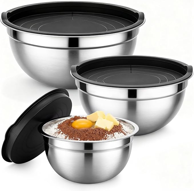 Beasea Mixing Bowls with Lids Set of 3, 1.5/2.5/4 QT Stackable Stainless Steel Nesting Mixing Bowls with Lids for Baking, Meal Prepping, Kitchen Food Serving, Storing