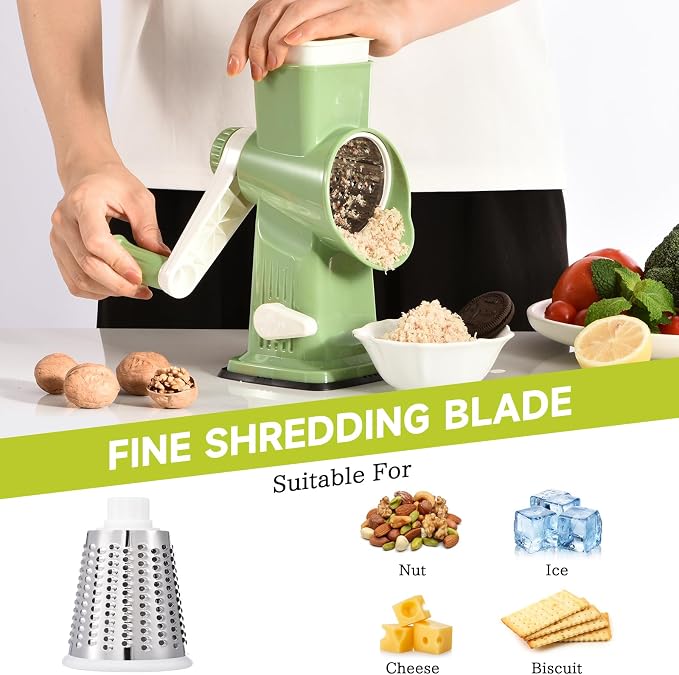 Rotary Cheese Grater Hand Crank Transparent - Shredder Slicer Grinder 3 Stainless Steel Blades, Stable Suction, Labor-Saving Handle, Safe Kitchen Tool for Cheese, Vegetable, Nuts, Chocolate