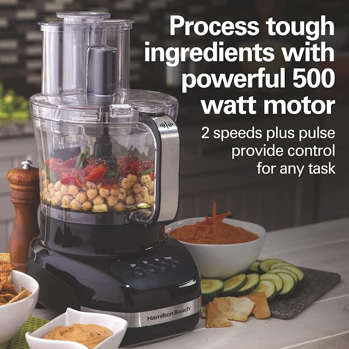 Hamilton Beach Big Mouth Duo Plus 12 Cup Food Processor | Includes Additional 4 Cup Mini Food Processor Vegetable Chopper Bowl | S-Blade and Shredding Disc | 500 Watt | Black | 70580