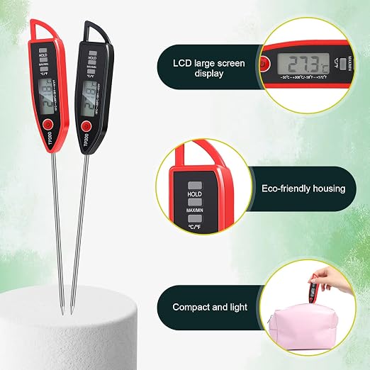 6 Set Digital Food Thermometer Long Probe Instant,Black, Red | Waterproof for Water Liquid Candle, Instant Temperature Read for Kitchen BBQ Grill Candy Meat, Foldable Probe Thermometer