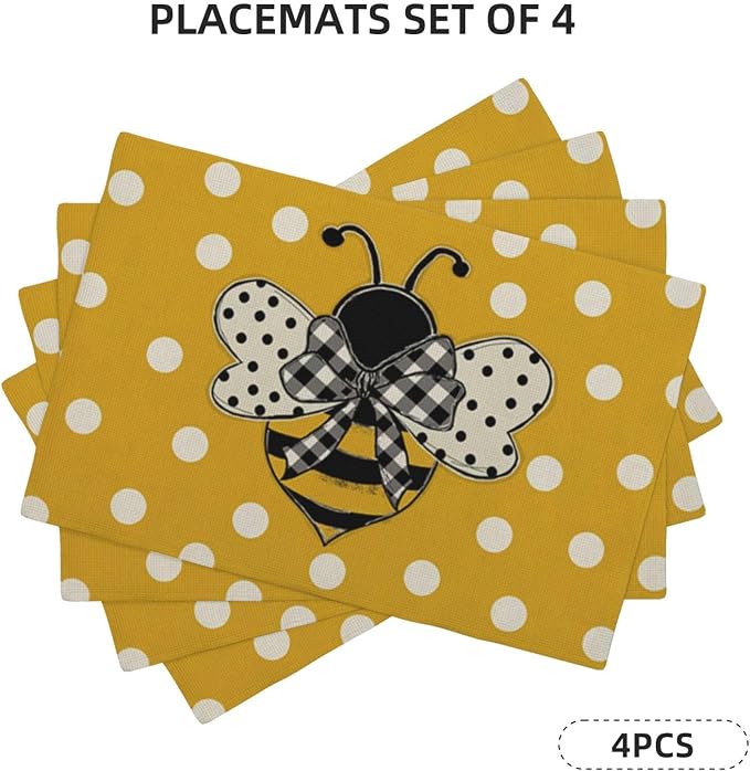 Bumble bee Placemats Set of 4, Yellow Polka Dots Honey Bee Decorative Table Mat 12 x 18 Inch Heat Resistant Non Slip Line Fabric Summer Place mat for Holiday Party Kitchen Dining Decor