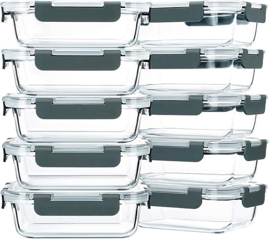 M MCIRCO 10 Pack,22 oz Glass Food Storage Containers with lids, Gray | Glass Meal Prep Containers,Airtight Lunch Containers with Lids, Microwave, Oven, Freezer and Dishwasher Friendly, BPA Free